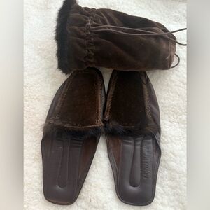 Mink Lined Leather Slippers With Velvet Mink lined pouch